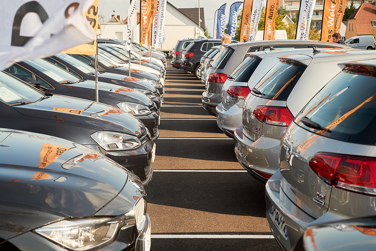 Photo of a car dealership with rows of cars