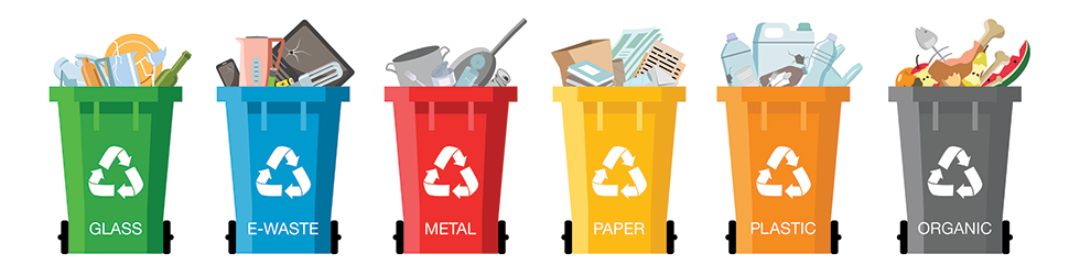 Illustration of coloured recycling bins filled with various items