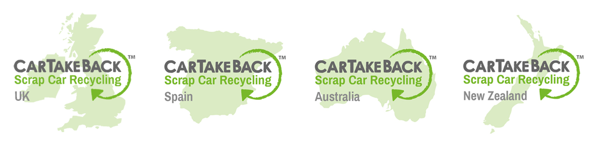 CarTakeBack logos and country maps for each, UK, Spain, Australia and New Zealand