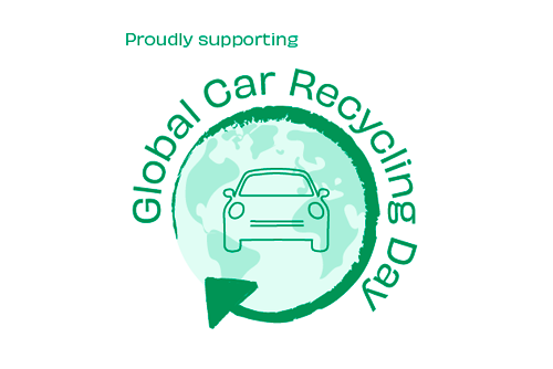 Supporting Global Car Recycling logo - green illustration of a globe with a arrow going around it with a car in the centre of the globe