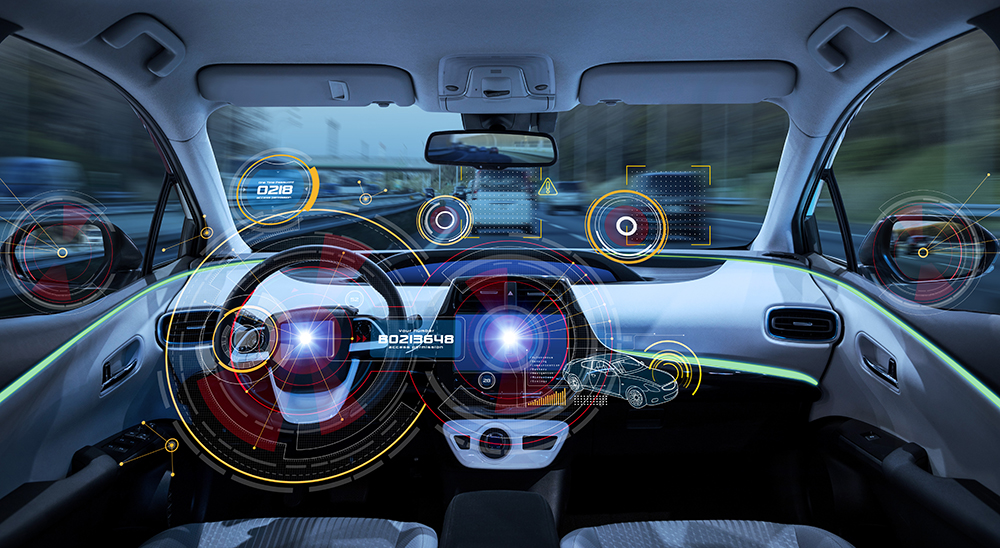 Futuristic car cockpit. Autonomous car. Driverless vehicle.