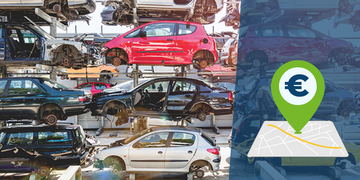 Photo of stacked scrap cars with high price graphic